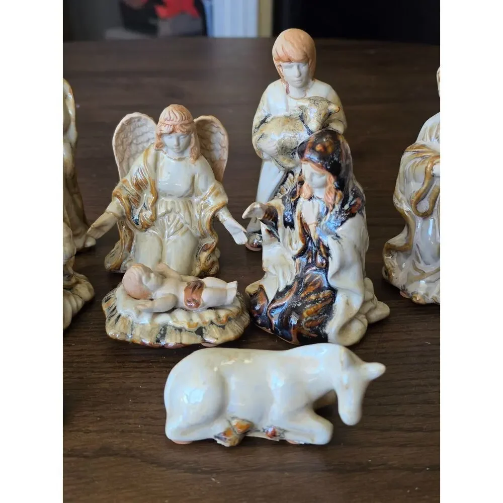 Vintage Nativity Scene Figurines 9-Piece Set Hand-Painted Ceramic Religious Chri